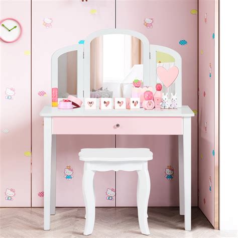 Costway kids vanity - 11" x 15" x 14" (L x W x H) 12" x 10" x 20.5" (L x W x H) -The package contains a vanity table, a chair and a comb in a random color -Large storage from a spacious tabletop, a 2-tier open shelf, a drawer and a cabinet. about special offers, promotions, events and more. Discover the exclusive benefits of subscribing now! More Than Just Furniture. 